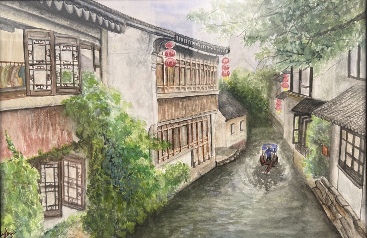 Watercolor of a Chinese canal town with red lanterns, by a CCAArizona Art Contest winner